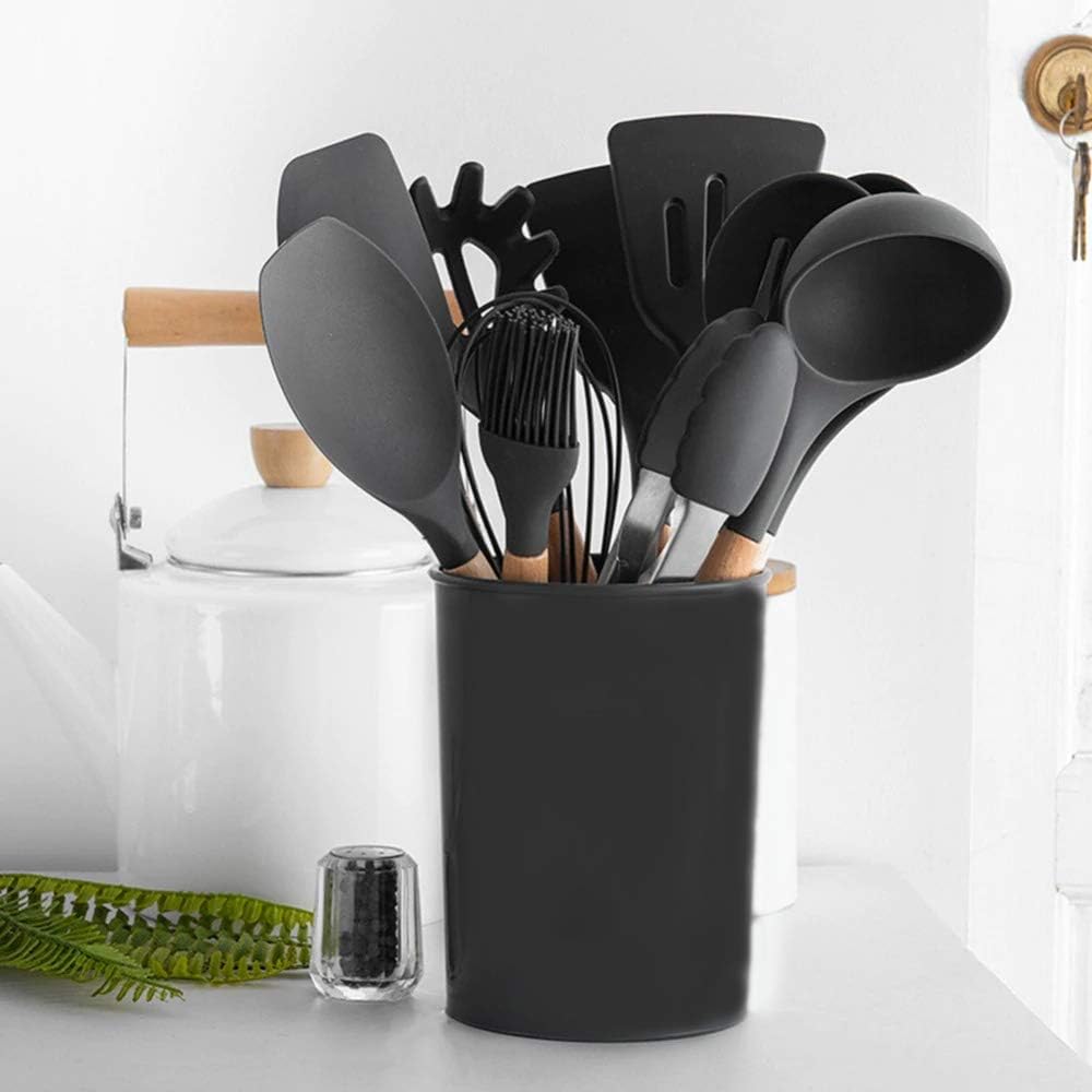 Kitchen Utensils Set with Holder, Novelty Gifts for Mothers Day, Non-Stick and Heat Resistant with Wooden Handle, Non Scratch Silicone Kitchen Utensils Set Wooden Black, 12 Pcs - Image 2