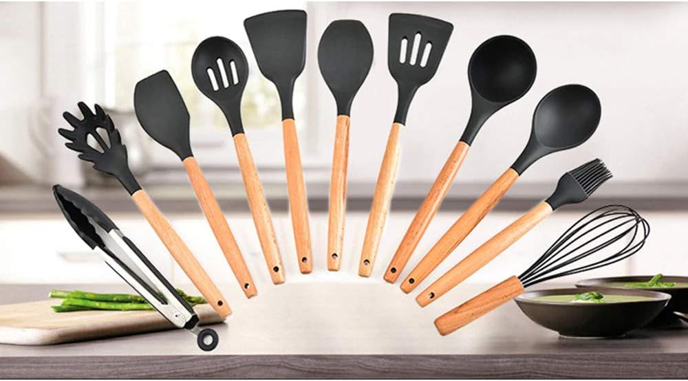 Kitchen Utensils Set with Holder, Novelty Gifts for Mothers Day, Non-Stick and Heat Resistant with Wooden Handle, Non Scratch Silicone Kitchen Utensils Set Wooden Black, 12 Pcs